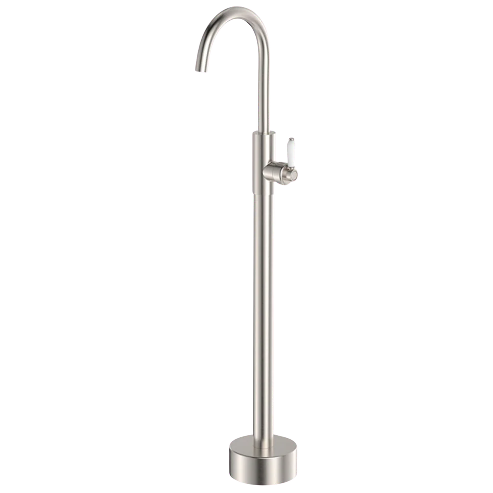 Fienza Eleanor Floor Mounted Basin/Bath Mixer with White Ceramic Handle Brushed Nickel Lead Free