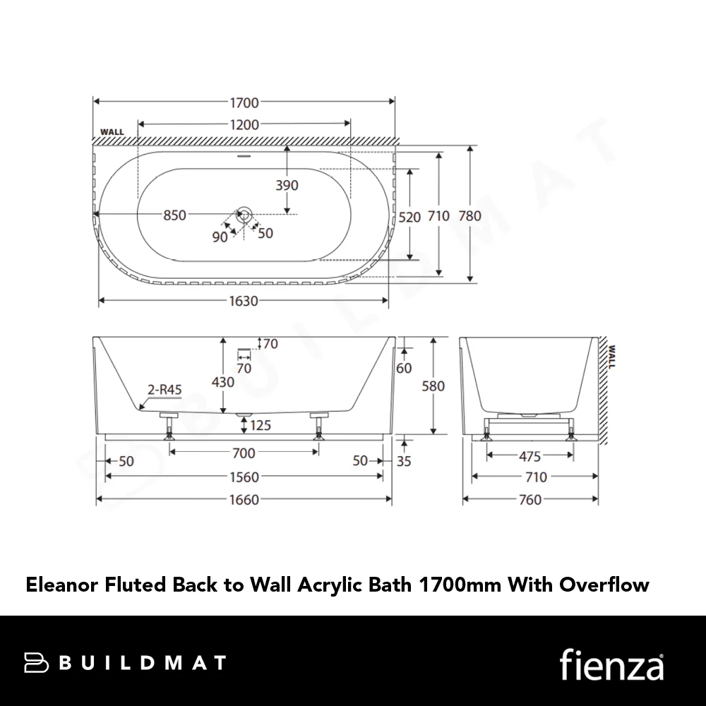 Fienza Eleanor Fluted Back to Wall Acrylic Bath 1700mm with Overflow Gloss White - Image 4