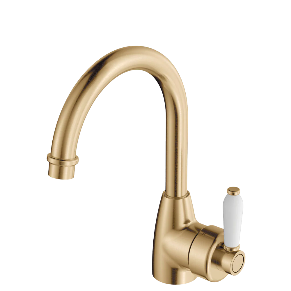Fienza Eleanor Gooseneck Basin Mixer Urban Brass with Ceramic Handle Lead Free