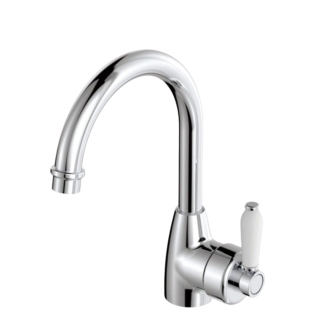 Fienza Eleanor Gooseneck Basin Mixer with White Ceramic Handle Chrome Lead Free