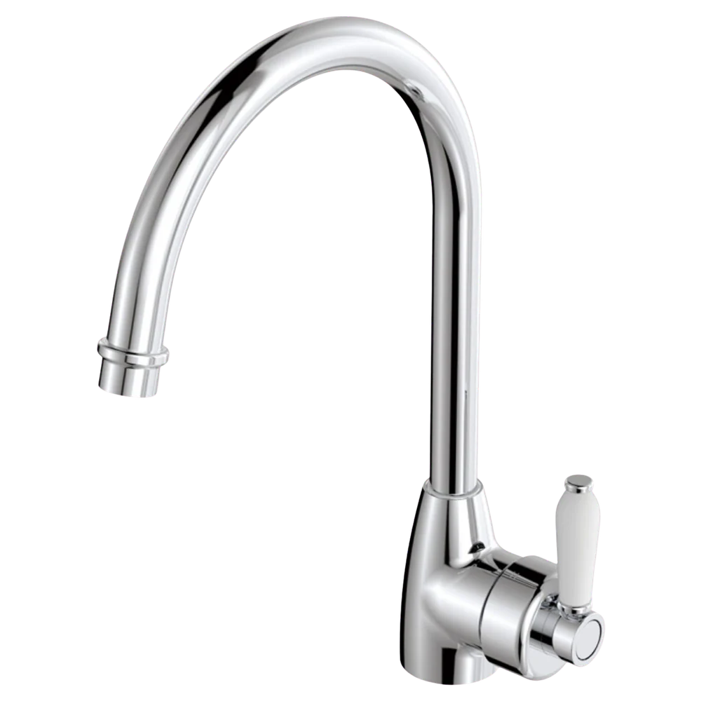 Fienza Eleanor Gooseneck Kitchen Mixer with White Ceramic Handle Chrome