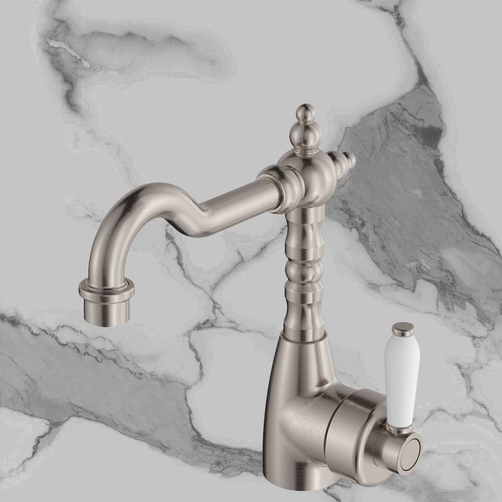 Fienza Eleanor Shepherds Crook Basin Mixer Brushed Nickel with Ceramic Handle Lead Free - Image 2