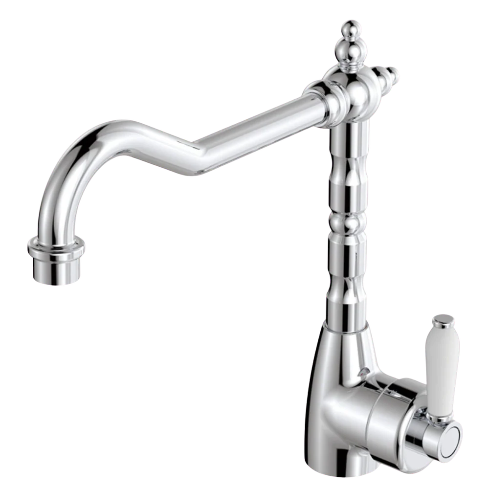 Fienza Eleanor Shepherds Crook Kitchen Sink Mixer with White Ceramic Handle Chrome Lead Free