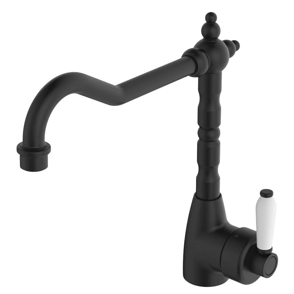 Fienza Eleanor Shepherds Crook Sink Mixer Matte Black with Ceramic Handle