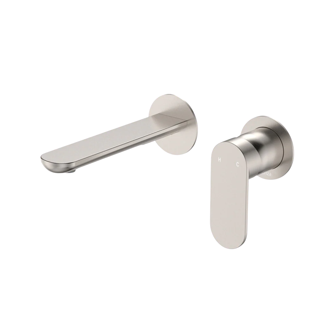 Fienza Empire Slim Basin/Bath Wall Mixer Set Round Plates 160mm Brushed Nickel Lead Free