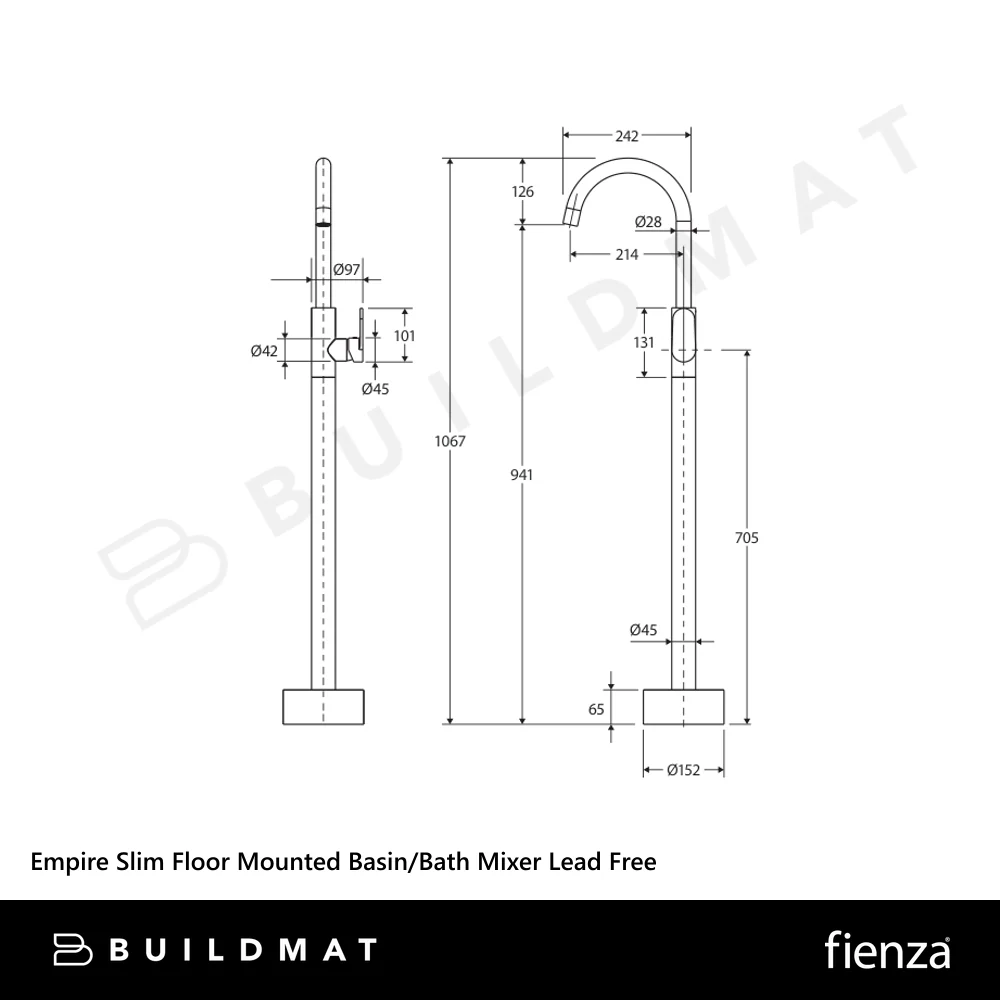 Fienza Empire Slim Floor Mounted Basin/Bath Mixer Brushed Copper Lead Free - Image 4