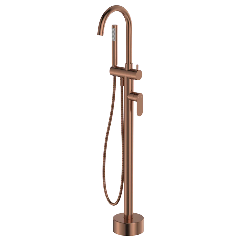 Fienza Empire Slim Floor Mounted Bath Mixer with Hand Shower Brushed Copper