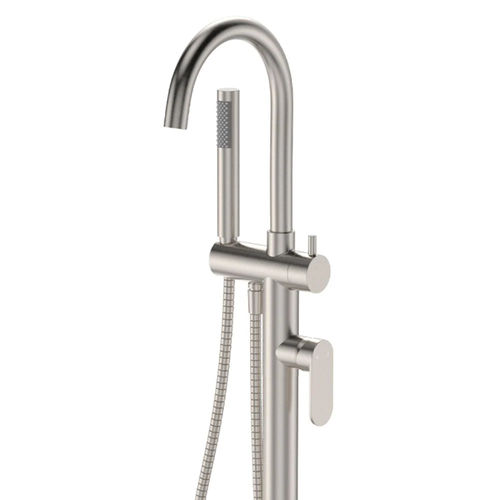 Fienza Empire Slim Floor Mounted Bath Mixer with Hand Shower Brushed Nickel - Image 5