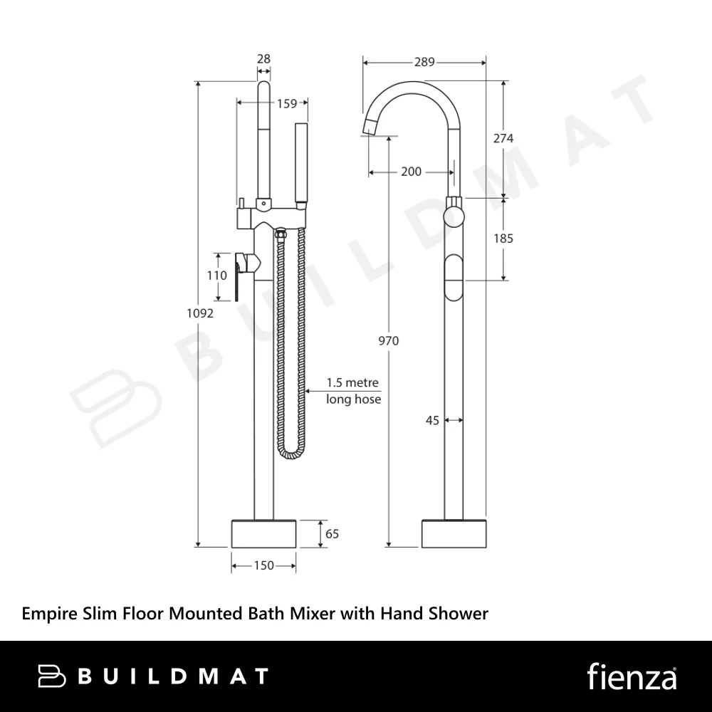 Fienza Empire Slim Floor Mounted Bath Mixer with Hand Shower Chrome - Image 4