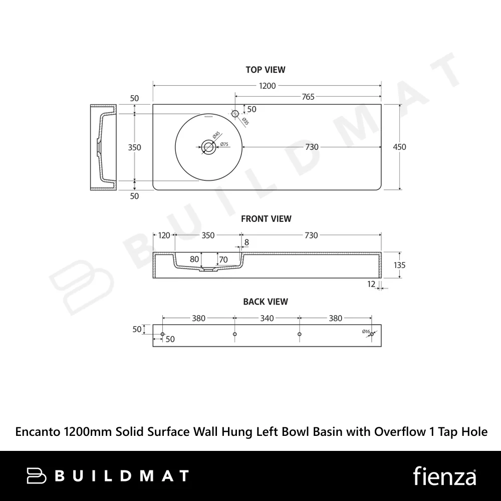 Fienza Encanto 1200mm Solid Surface Wall Hung Left Bowl Basin with Overflow 1 Tap Hole Matte White - Image 4