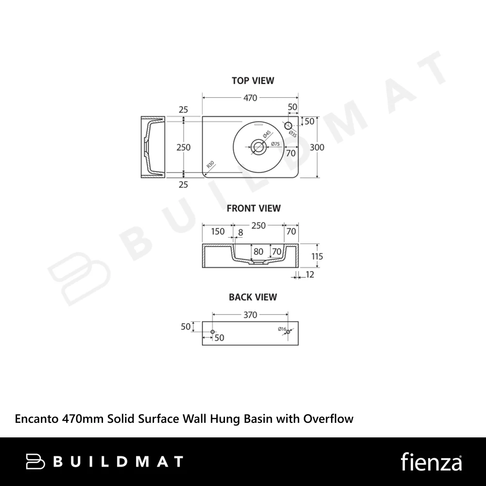 Fienza Encanto 470mm Solid Surface Wall Hung Basin with Overflow Matte White - Image 4