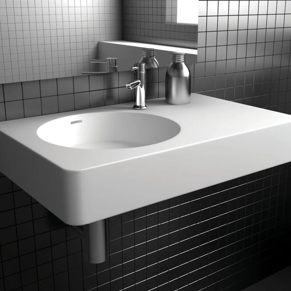 Fienza Encanto 700mm Solid Surface Wall Hung Left Bowl Basin with Overflow 1 Tap Hole Matte White - Image 2