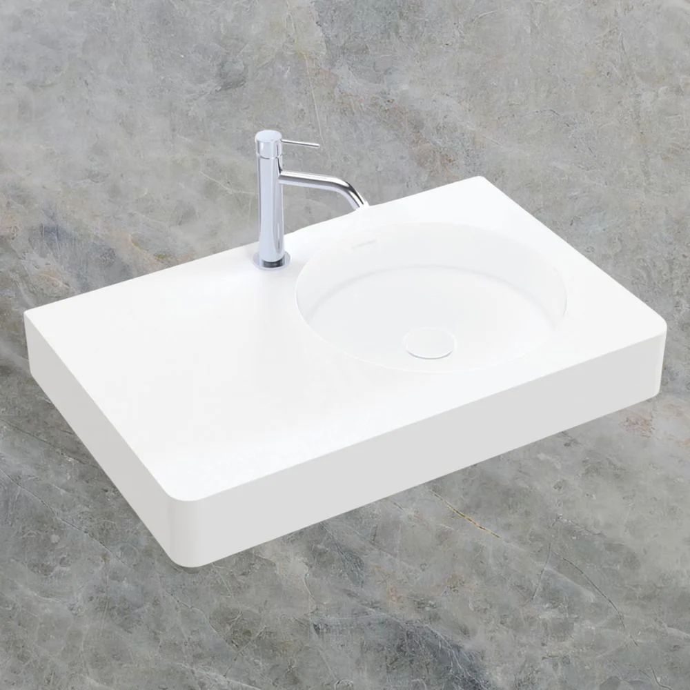 Fienza Encanto 700mm Solid Surface Wall Hung Right Bowl Basin with Overflow 1 Tap Hole Matte White - Image 2