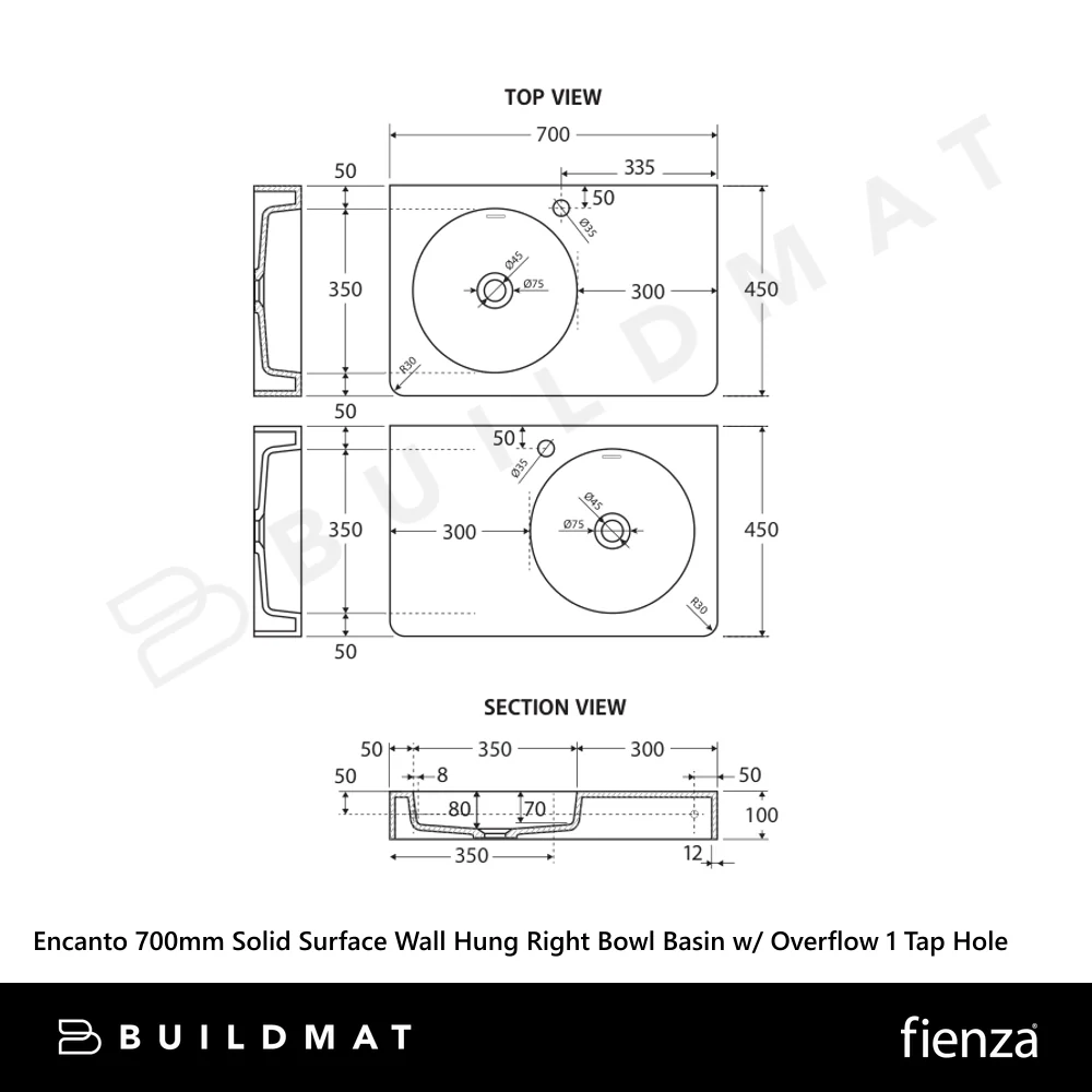 Fienza Encanto 700mm Solid Surface Wall Hung Right Bowl Basin with Overflow 1 Tap Hole Matte White - Image 4