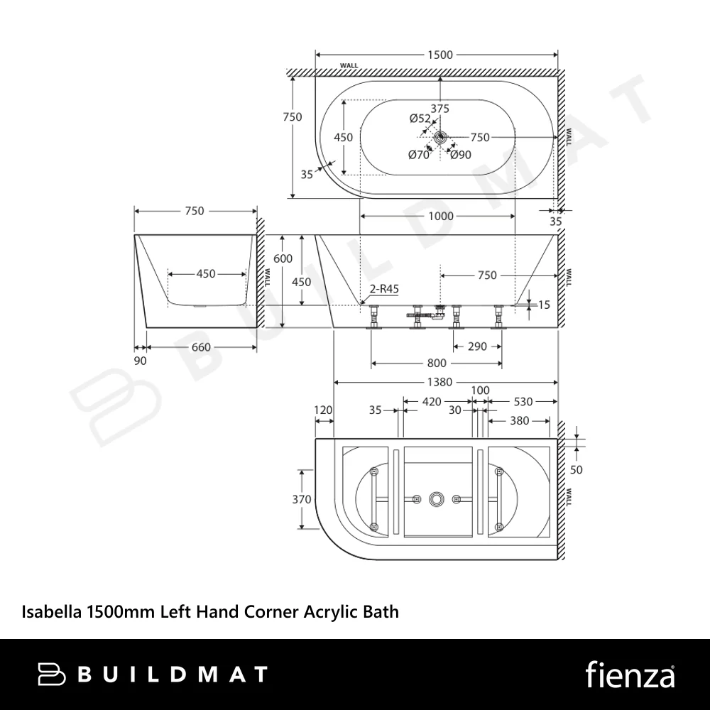 Fienza Isabella 1500mm Left Hand Corner Acrylic Bath Gloss White - Image 4