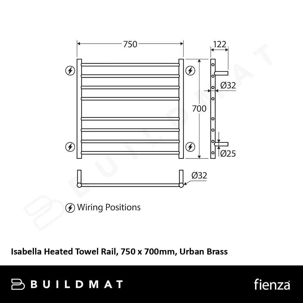 Fienza Isabella Heated Towel Rail 750 x 700mm Urban Brass - Image 6
