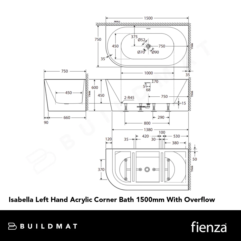 Fienza Isabella Left Hand Acrylic Corner Bath 1500mm with Overflow Gloss White - Image 4
