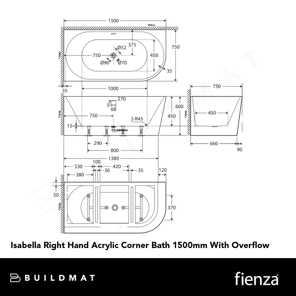 Fienza Isabella Right Hand Acrylic Corner Bath 1500mm with Overflow Gloss White - Image 4