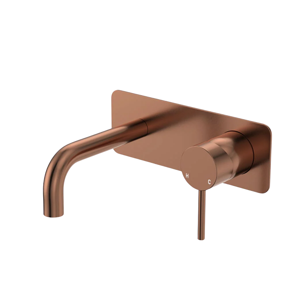Fienza Kaya Basin/Bath Wall Mixer Set Rectangular Plate 130mm Outlet Brushed Copper Lead Free