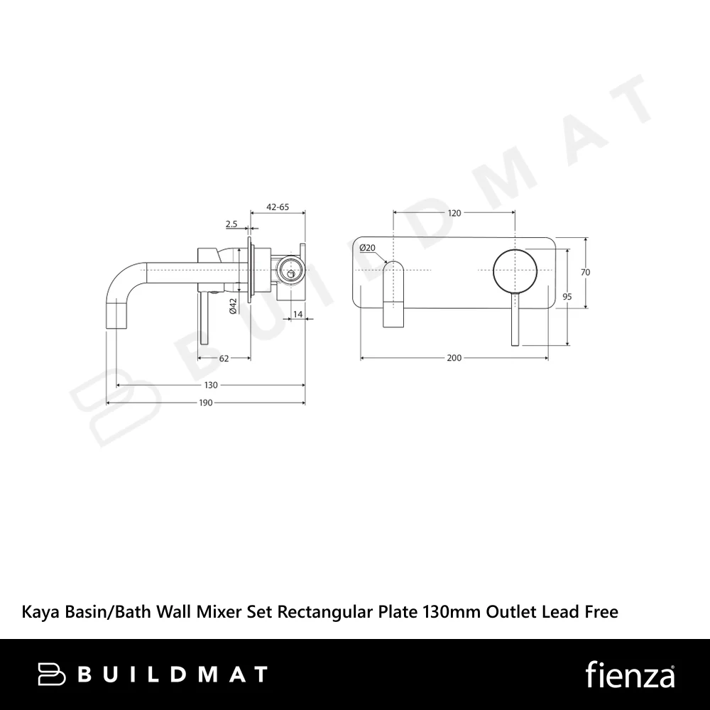 Fienza Kaya Basin/Bath Wall Mixer Set Rectangular Plate 130mm Outlet Brushed Copper Lead Free - Image 4