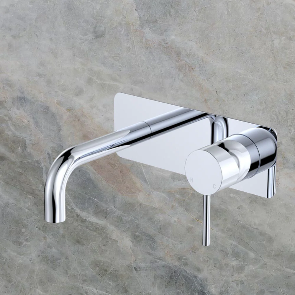 Fienza Kaya Basin/Bath Wall Mixer Set Rectangular Plate 130mm Outlet Chrome Lead Free - Image 2