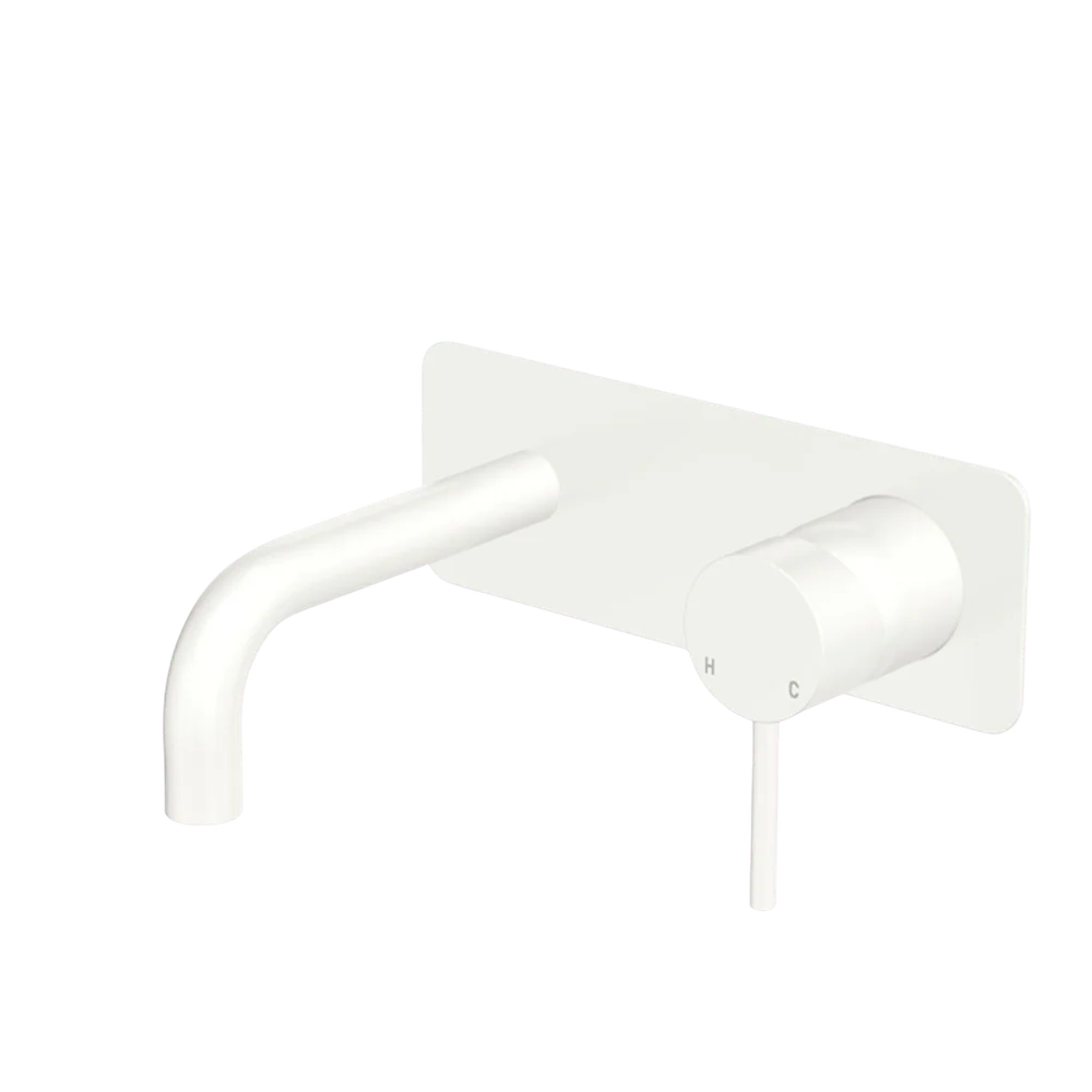 Fienza Kaya Basin/Bath Wall Mixer Set Rectangular Plate 130mm Outlet Matte White Lead Free