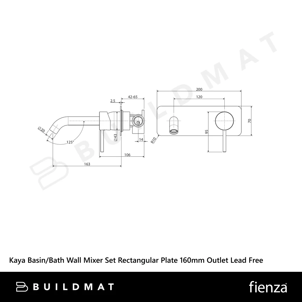 Fienza Kaya Basin/Bath Wall Mixer Set Rectangular Plate 160mm Outlet Chrome Lead Free - Image 4