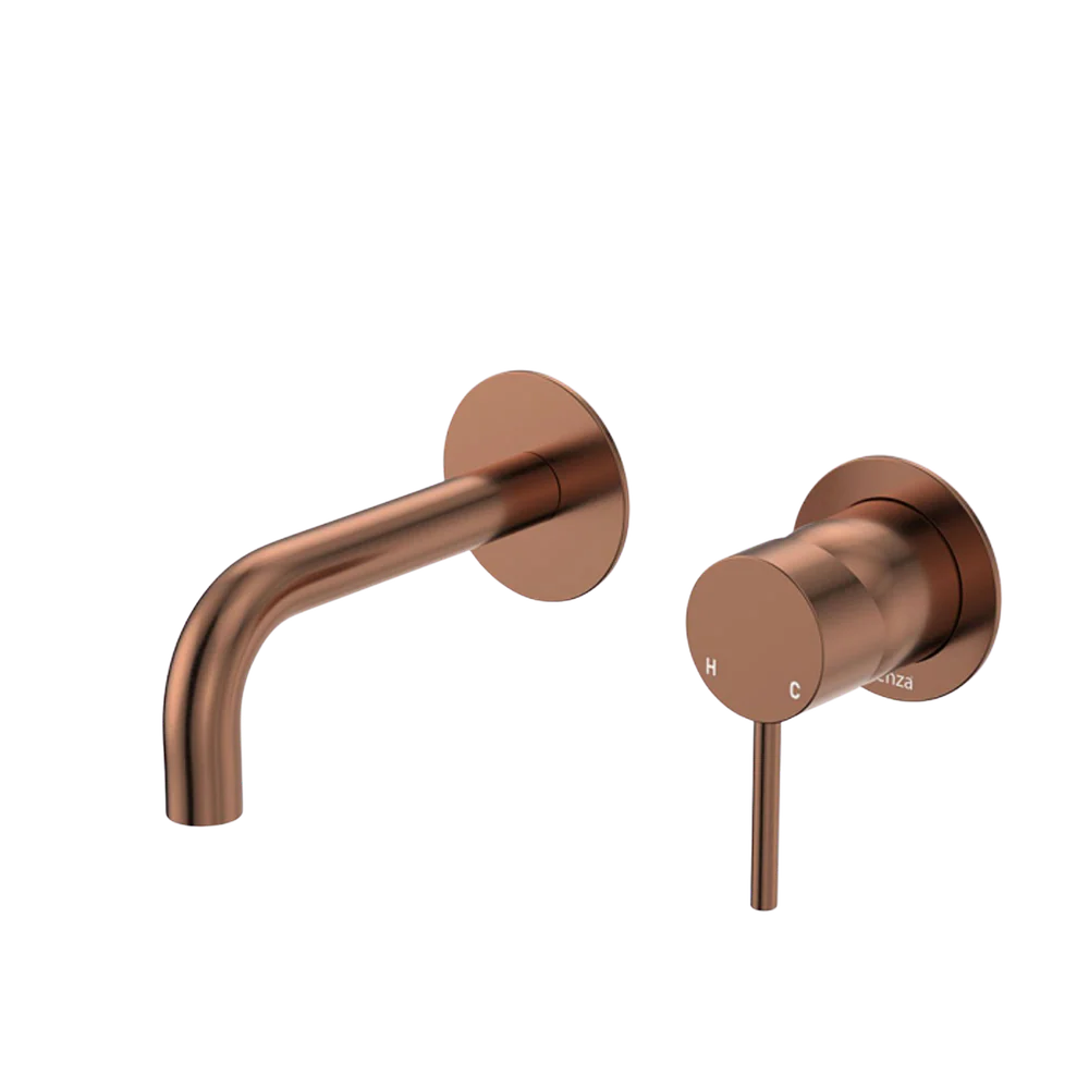 Fienza Kaya Basin/Bath Wall Mixer Set Round Plates 130mm Outlet Brushed Copper Lead Free