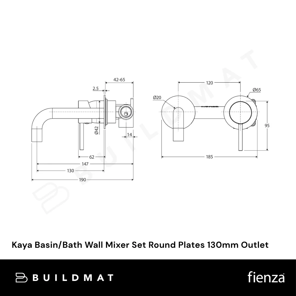 Fienza Kaya Basin/Bath Wall Mixer Set Round Plates 130mm Outlet Gunmetal Lead Free - Image 4