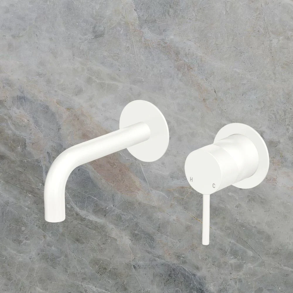 Fienza Kaya Basin/Bath Wall Mixer Set Round Plates 130mm Outlet Matte White Lead Free - Image 2