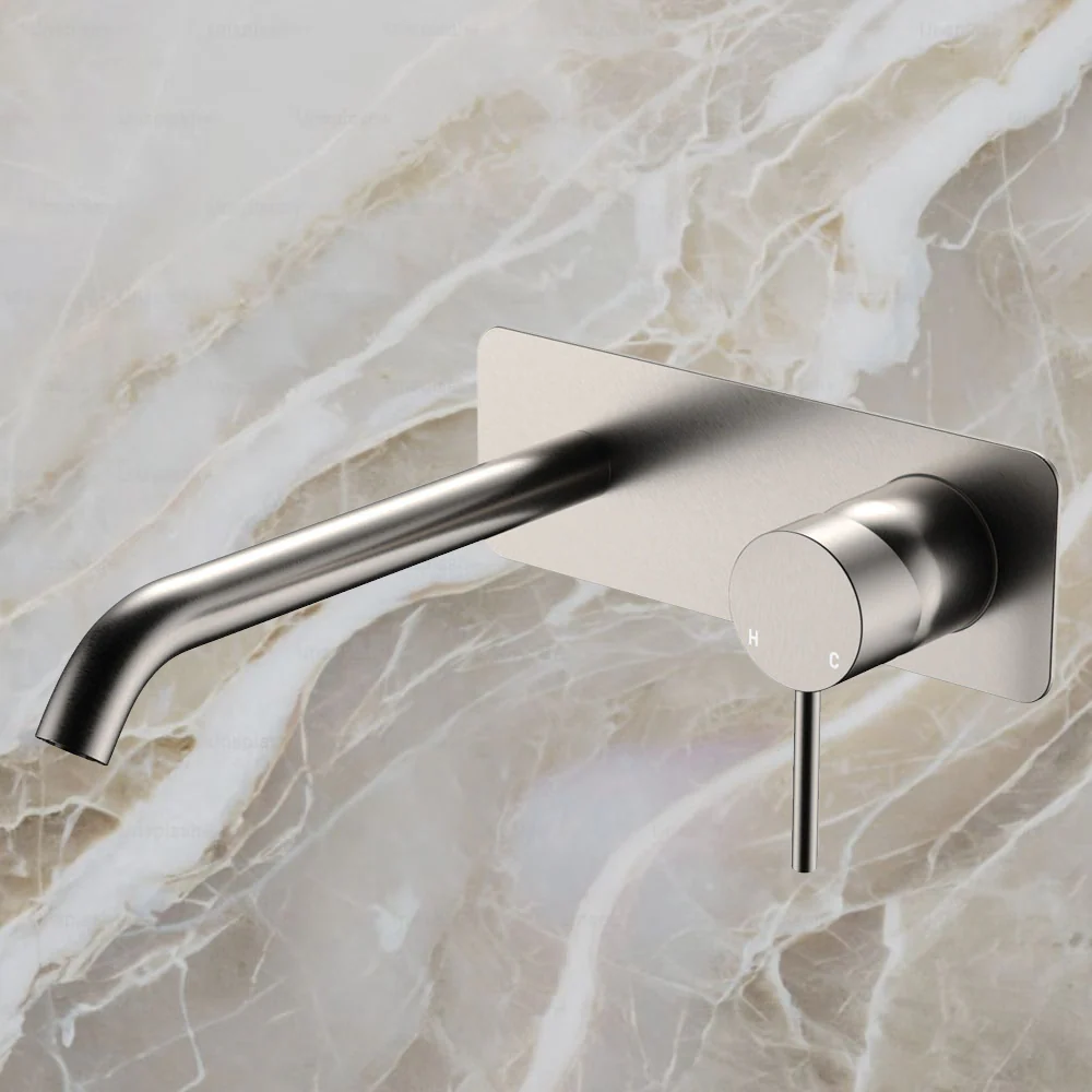 Fienza Kaya Basin Wall Mixer Set Rectangular Plate 200mm Outlet Brushed Nickel Lead Free - Image 2