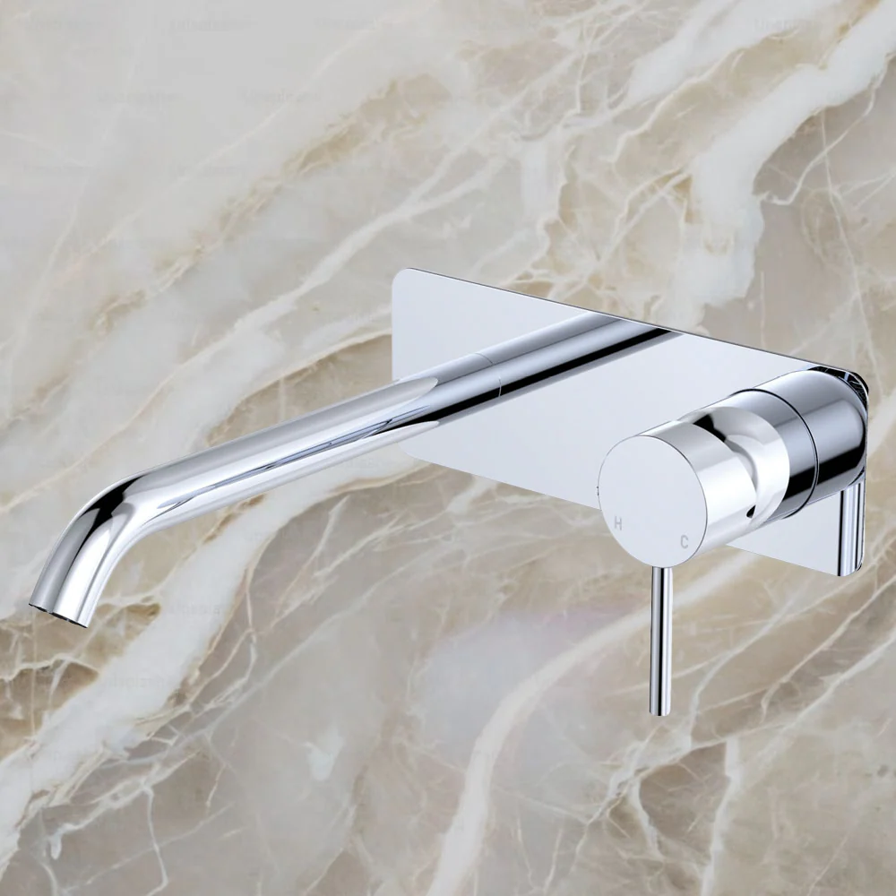 Fienza Kaya Basin Wall Mixer Set Rectangular Plate 200mm Outlet Chrome Lead Free - Image 2