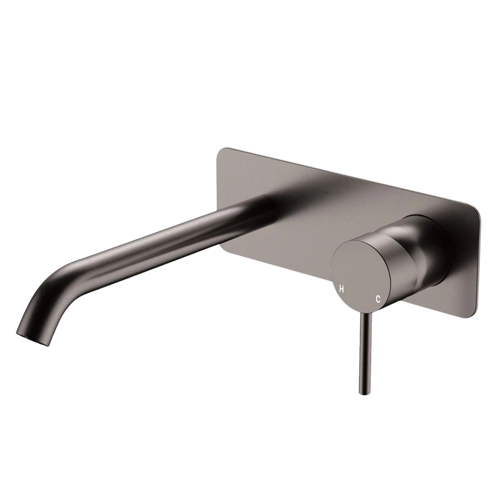 Fienza Kaya Basin Wall Mixer Set Rectangular Plate 200mm Outlet Gunmetal Lead Free