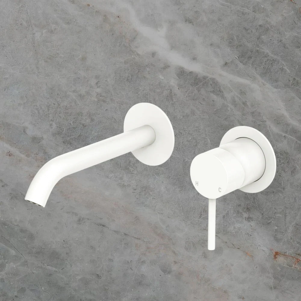 Fienza Kaya Basin Wall Mixer Set Round Plates 160mm Outlet Matte White Lead Free - Image 2