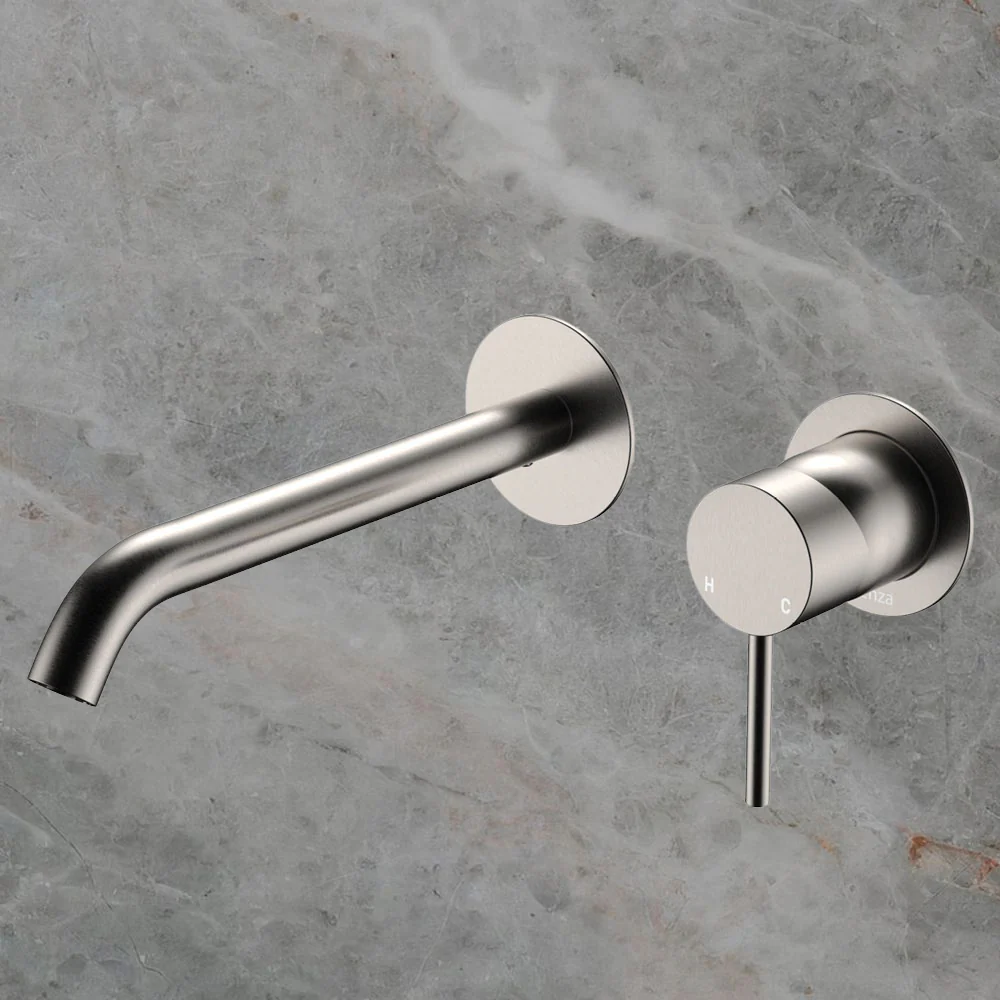 Fienza Kaya Basin Wall Mixer Set Round Plates 200mm Outlet Brushed Nickel Lead Free - Image 2