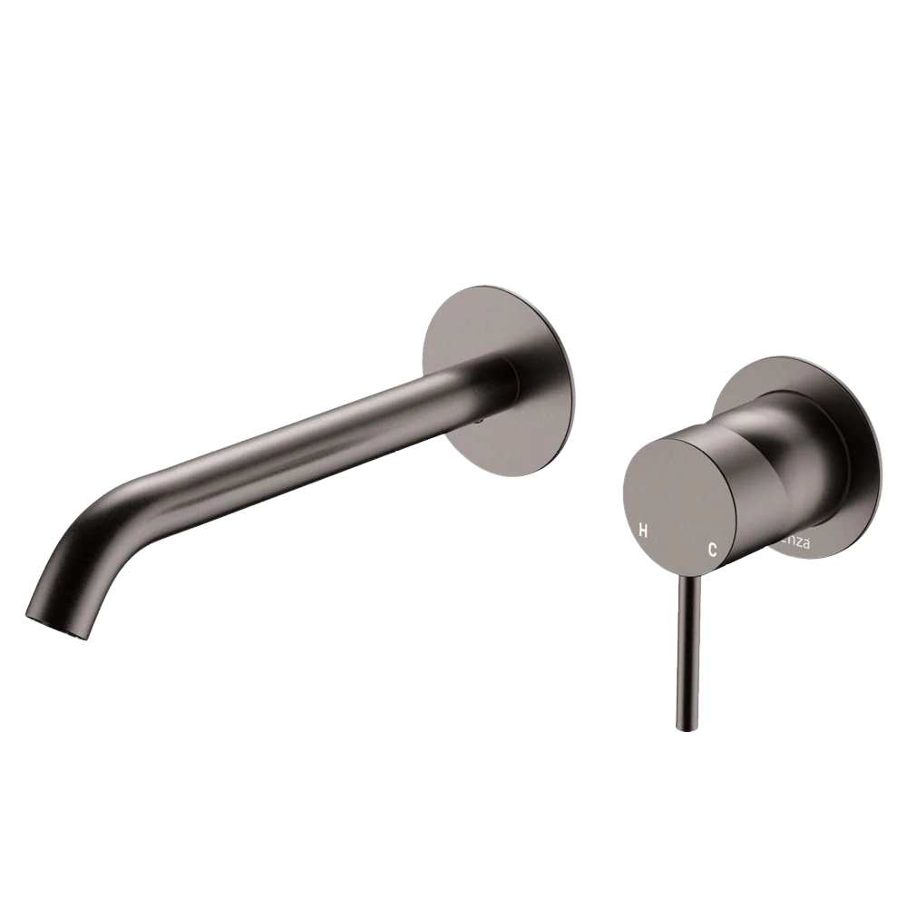 Fienza Kaya Basin Wall Mixer Set Round Plates 200mm Outlet Gunmetal Lead Free