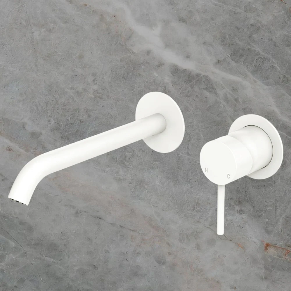 Fienza Kaya Basin Wall Mixer Set Round Plates 200mm Outlet Matte White - Image 2