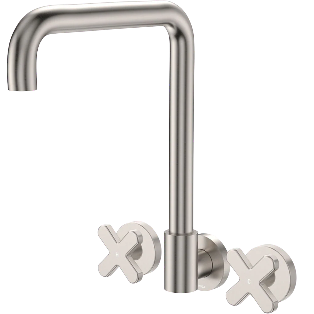 Fienza Kaya Cross Taps Squareline Wall Set Brushed Nickel Lead Free