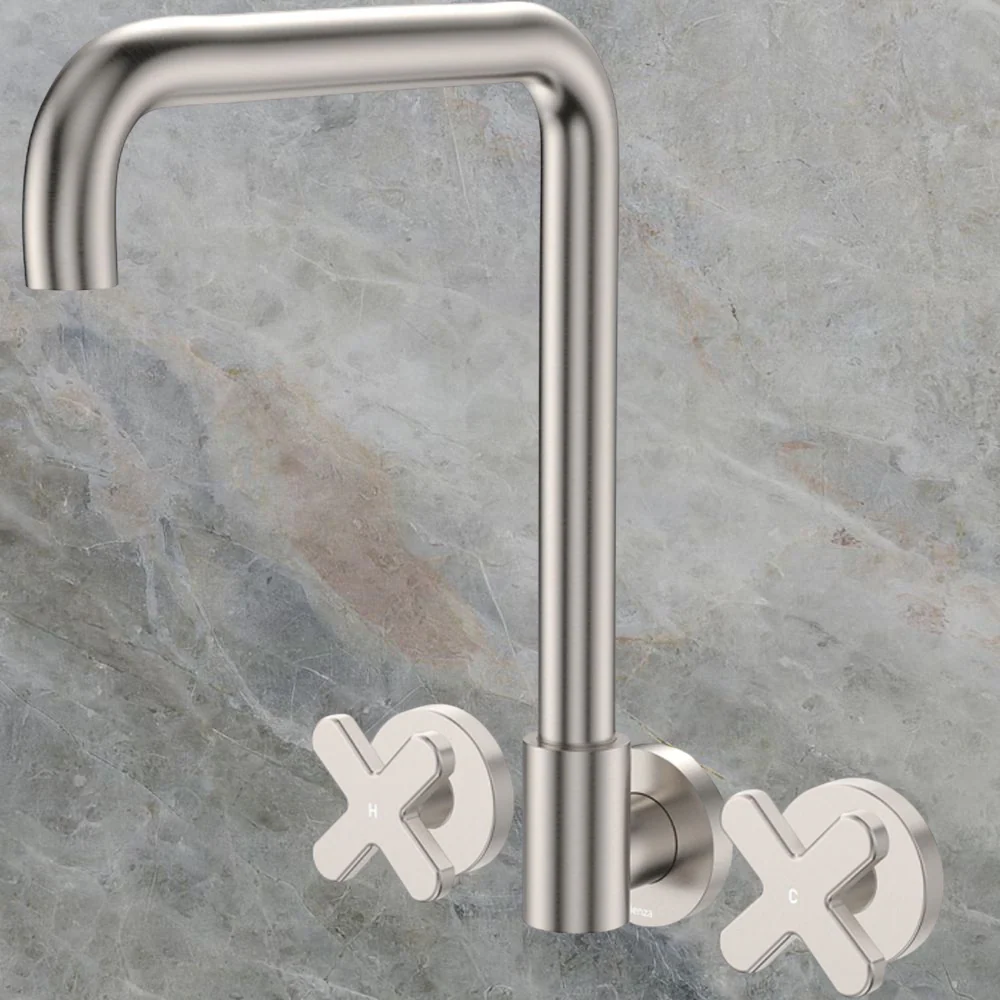 Fienza Kaya Cross Taps Squareline Wall Set Brushed Nickel Lead Free - Image 2