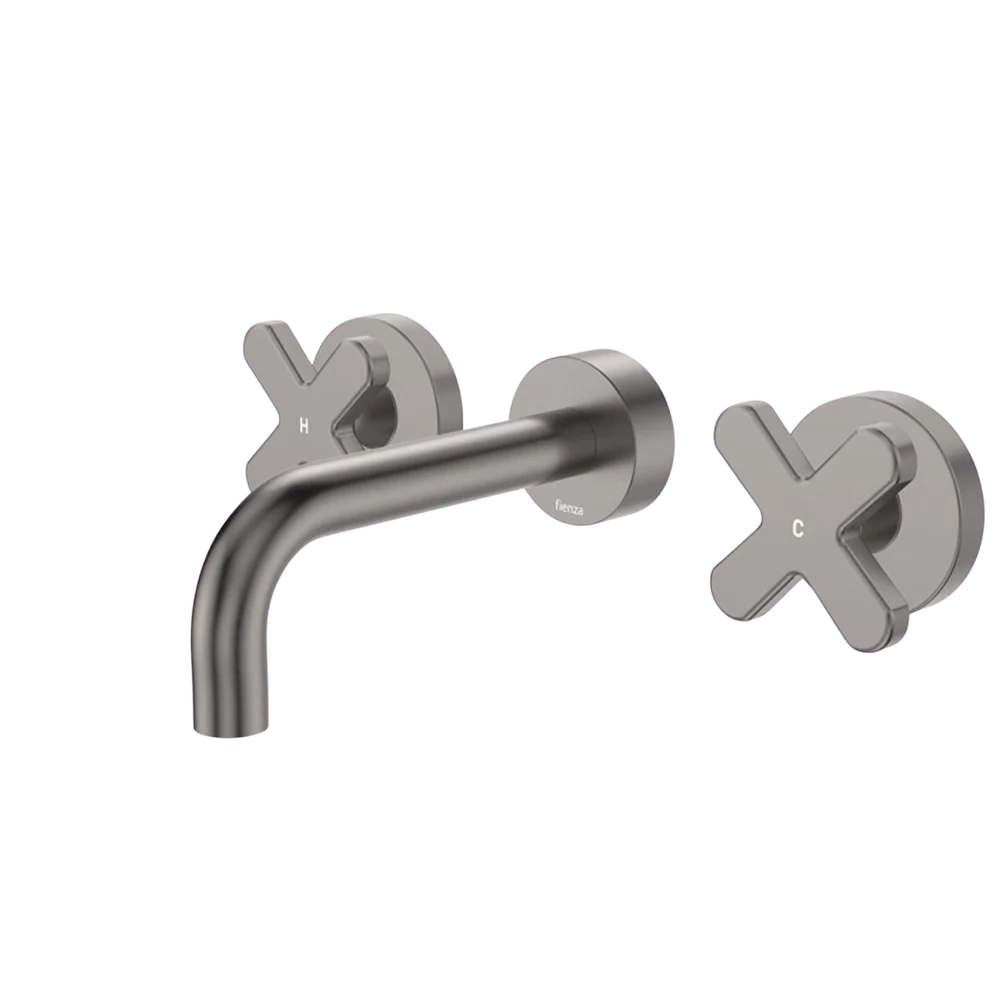 Fienza Kaya Cross Taps Wall Basin/Bath 130mm Outlet Set Gunmetal Lead Free