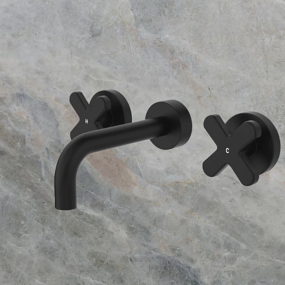 Fienza Kaya Cross Taps Wall Basin/Bath 130mm Outlet Set Matte Black Lead Free - Image 2