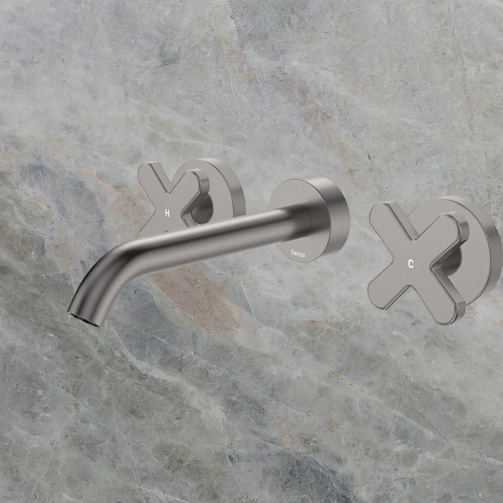 Fienza Kaya Cross Taps Wall Basin/Bath 180mm Outlet Set Gunmetal Lead Free - Image 2