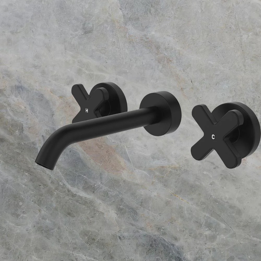 Fienza Kaya Cross Taps Wall Basin/Bath 180mm Outlet Set Matte Black Lead Free - Image 2