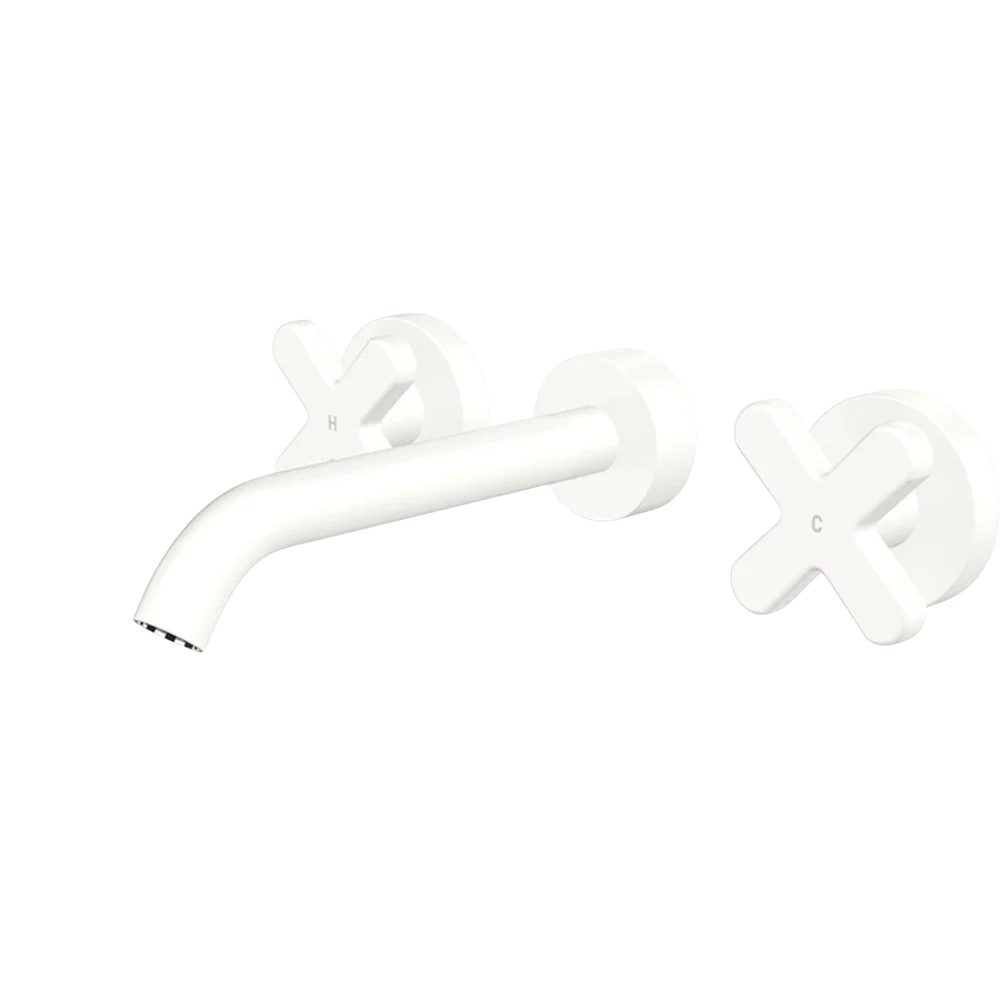 Fienza Kaya Cross Taps Wall Basin/Bath 180mm Outlet Set Matte White Lead Free - Image 3