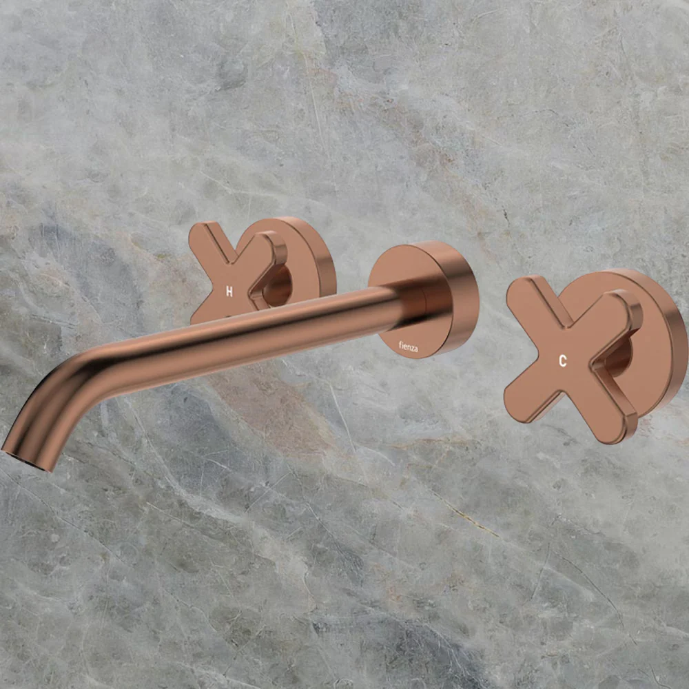 Fienza Kaya Cross Taps Wall Basin/Bath 220mm Outlet Set Brushed Copper Lead Free - Image 2