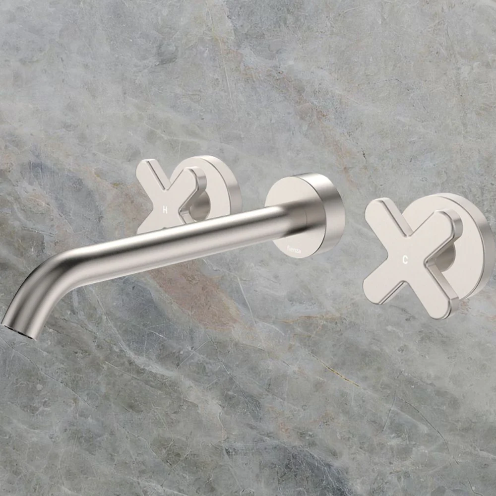 Fienza Kaya Cross Taps Wall Basin/Bath 220mm Outlet Set Brushed Nickel Lead Free - Image 2