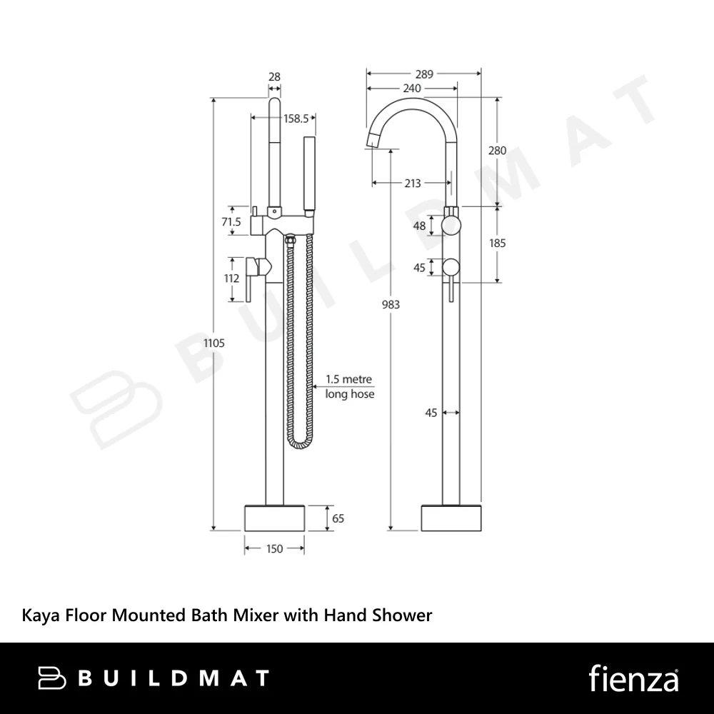 Fienza Kaya Floor Mounted Bath Mixer with Hand Shower Chrome - Image 4