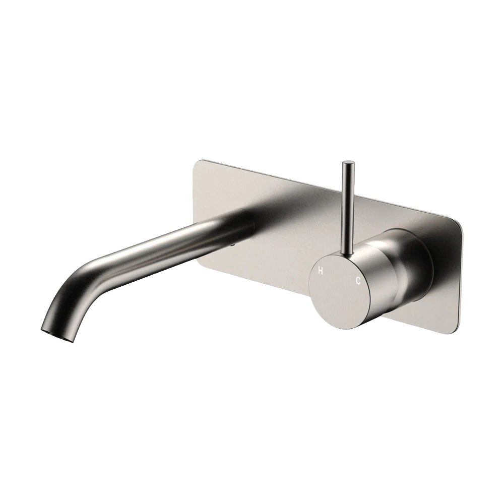 Fienza Kaya Up Basin Wall Mixer Set Rectangular Plate 160mm Outlet Brushed Nickel Lead Free