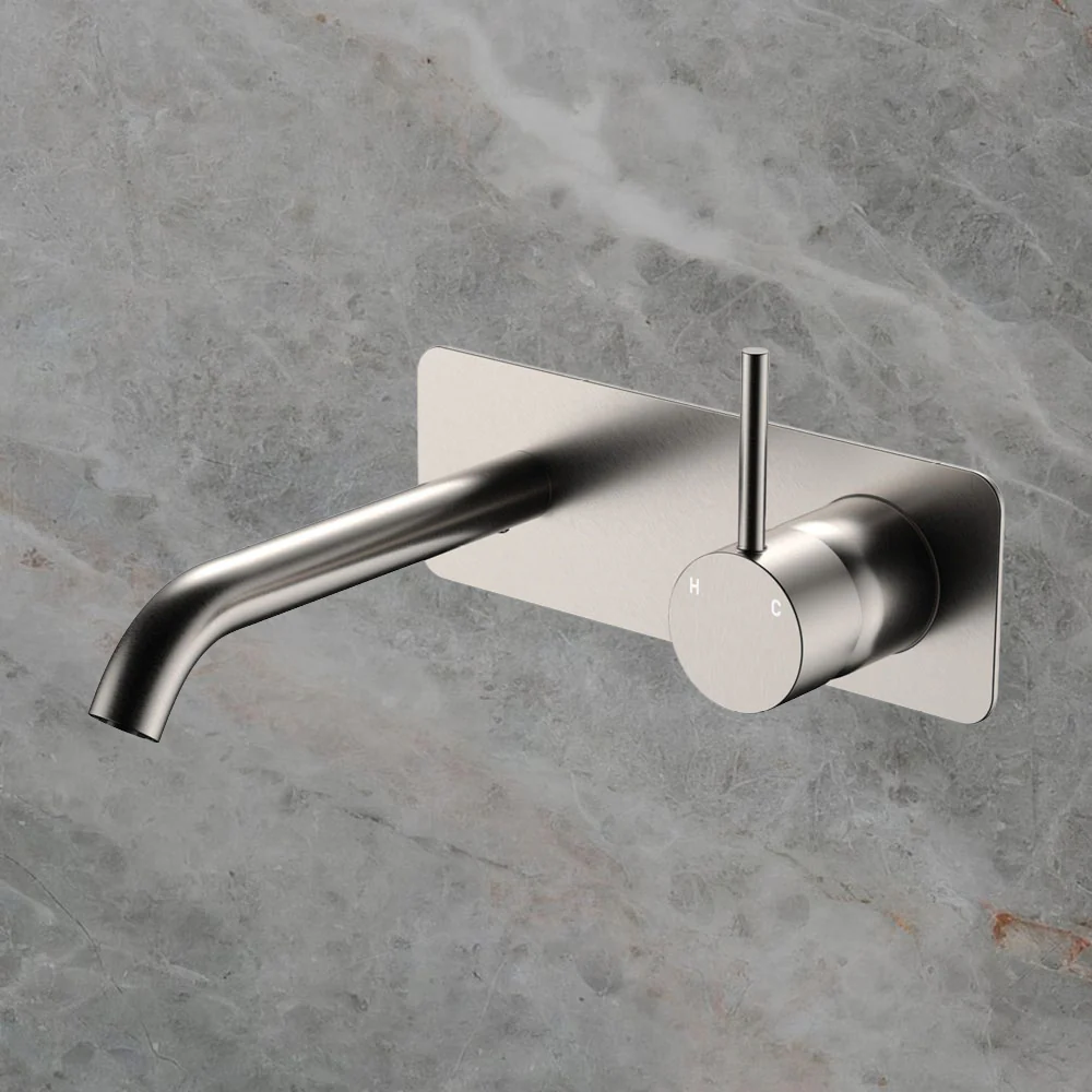 Fienza Kaya Up Basin Wall Mixer Set Rectangular Plate 160mm Outlet Brushed Nickel Lead Free - Image 2