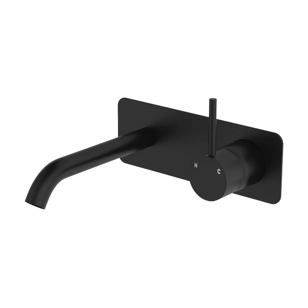 Fienza Kaya Up Basin Wall Mixer Set Rectangular Plate 160mm Outlet Matte Black
